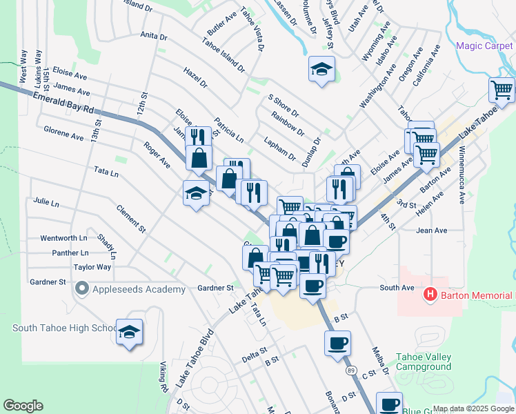 map of restaurants, bars, coffee shops, grocery stores, and more near 895 Emerald Bay Road in South Lake Tahoe