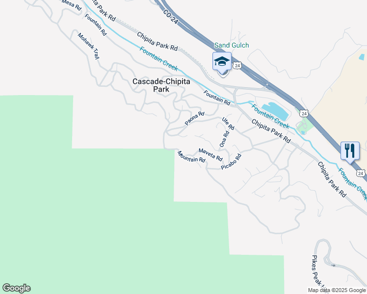 map of restaurants, bars, coffee shops, grocery stores, and more near 9430 Maveta Road in Cascade-Chipita Park
