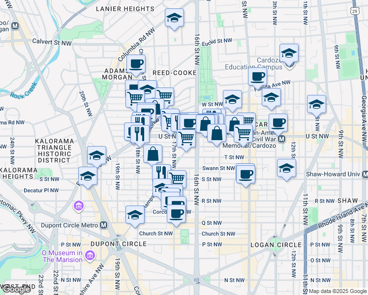 map of restaurants, bars, coffee shops, grocery stores, and more near 1926 New Hampshire Avenue Northwest in Washington