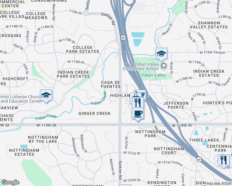 map of restaurants, bars, coffee shops, grocery stores, and more near 11700 Stearns Street in Overland Park