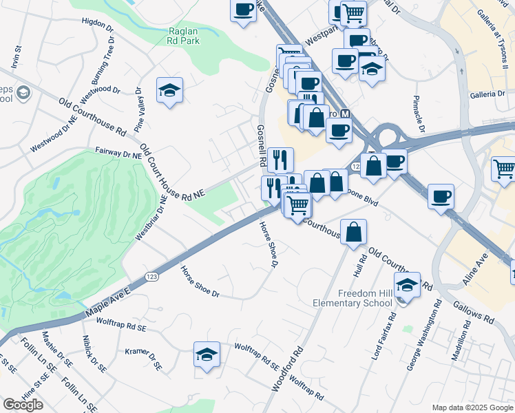 map of restaurants, bars, coffee shops, grocery stores, and more near 8506 Westown Way in Vienna