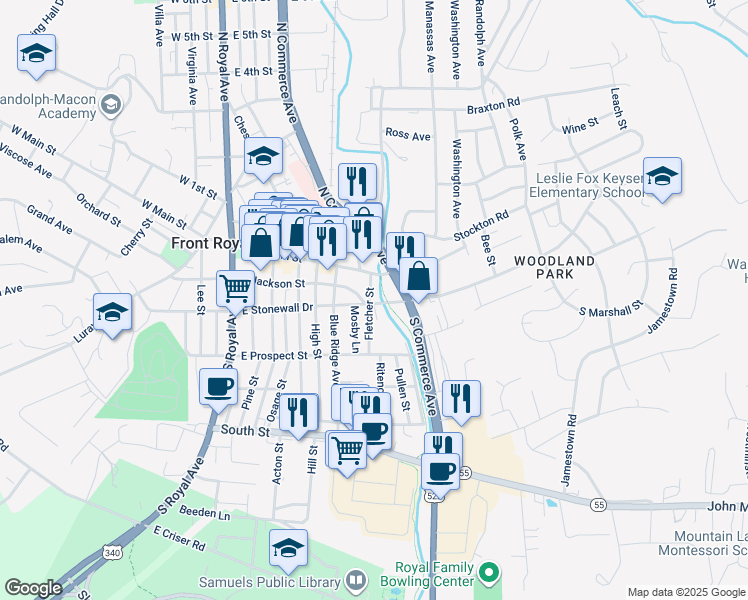 map of restaurants, bars, coffee shops, grocery stores, and more near 602 East Stonewall Drive in Front Royal
