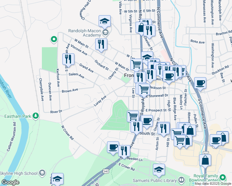map of restaurants, bars, coffee shops, grocery stores, and more near 126 Luray Avenue in Front Royal