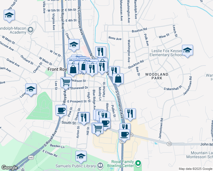 map of restaurants, bars, coffee shops, grocery stores, and more near 602 East Stonewall Drive in Front Royal
