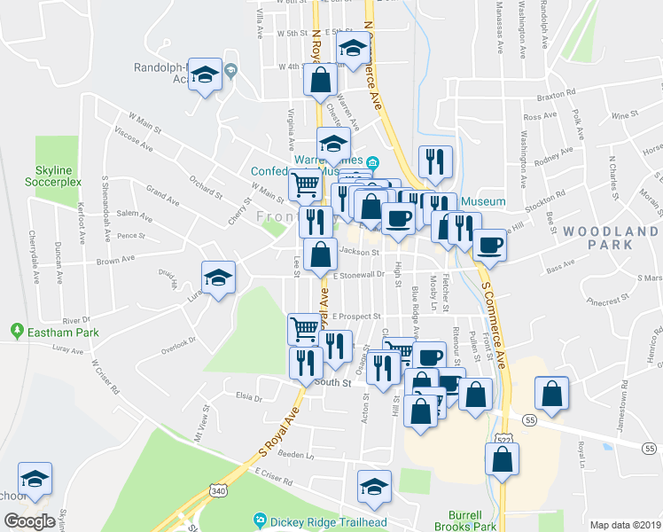 map of restaurants, bars, coffee shops, grocery stores, and more near 116 South Royal Avenue in Front Royal