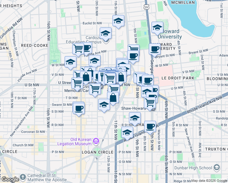 map of restaurants, bars, coffee shops, grocery stores, and more near 101 Independence Avenue Southeast in Washington