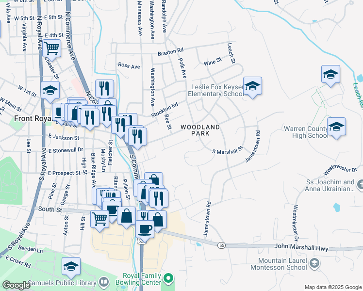 map of restaurants, bars, coffee shops, grocery stores, and more near 737 Bass Avenue in Front Royal