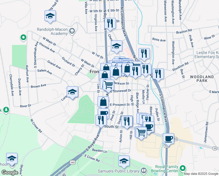 map of restaurants, bars, coffee shops, grocery stores, and more near 116 South Royal Avenue in Front Royal