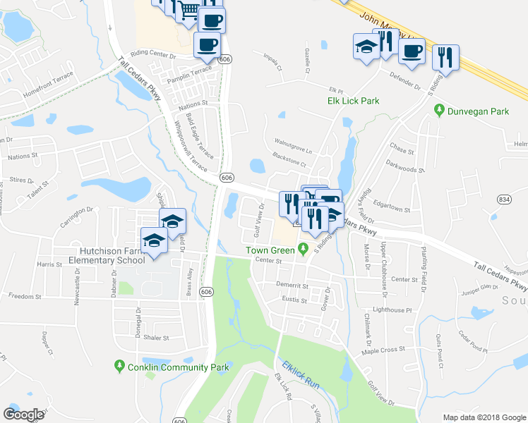 map of restaurants, bars, coffee shops, grocery stores, and more near 42854 Golf View Drive in Chantilly