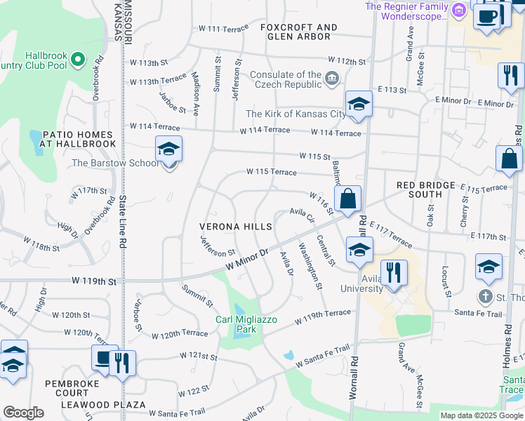 map of restaurants, bars, coffee shops, grocery stores, and more near 500 Avila Circle in Kansas City
