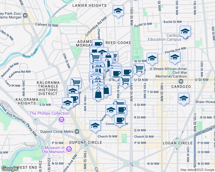 map of restaurants, bars, coffee shops, grocery stores, and more near Willard Street Northwest in Washington