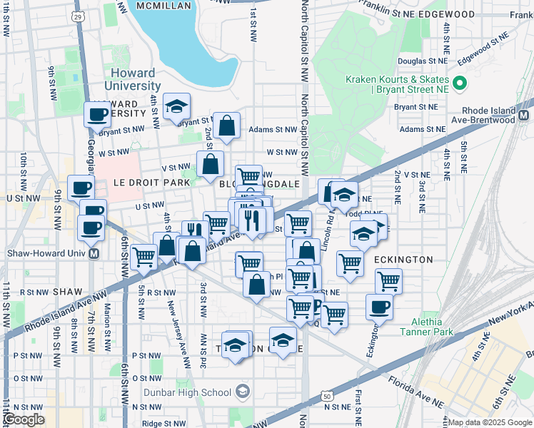 map of restaurants, bars, coffee shops, grocery stores, and more near 65 Rhode Island Avenue Northwest in Washington