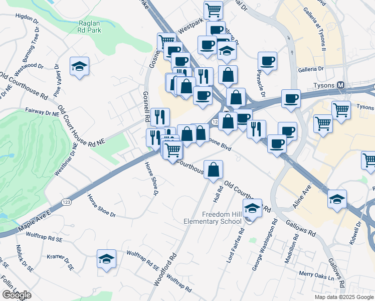 map of restaurants, bars, coffee shops, grocery stores, and more near 2059 Chain Bridge Road in Vienna