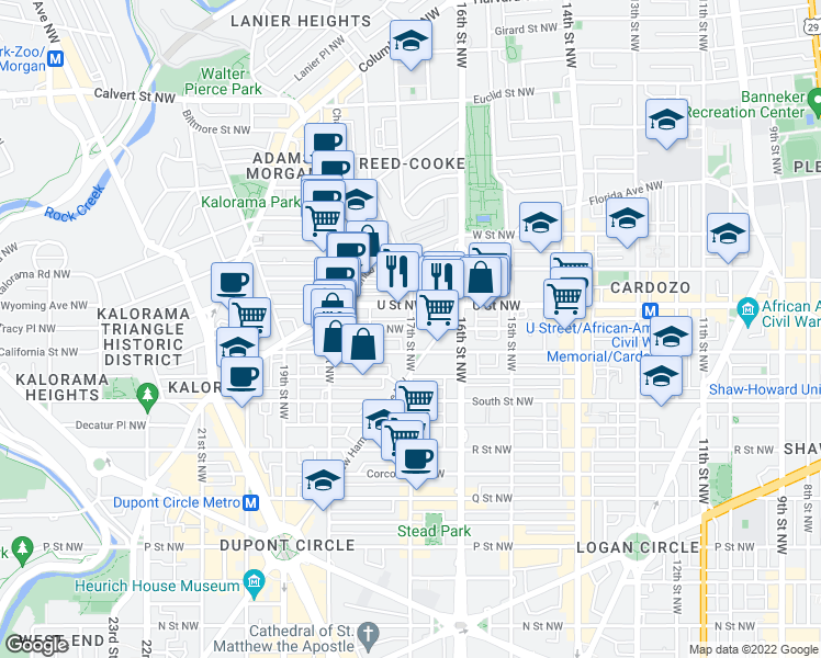 map of restaurants, bars, coffee shops, grocery stores, and more near 17th Street Northwest & Willard Street Northwest in Washington