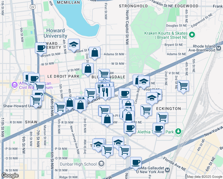 map of restaurants, bars, coffee shops, grocery stores, and more near 65 Rhode Island Avenue Northwest in Washington