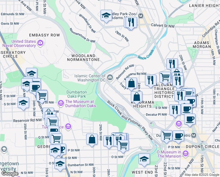 map of restaurants, bars, coffee shops, grocery stores, and more near 2540 Massachusetts Avenue Northwest in Washington