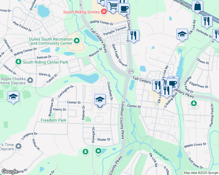 map of restaurants, bars, coffee shops, grocery stores, and more near 25327 Crossfield Drive in Chantilly