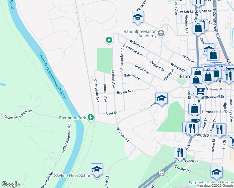 map of restaurants, bars, coffee shops, grocery stores, and more near 401 Kerfoot Avenue in Front Royal