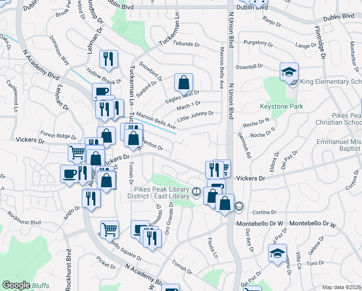 map of restaurants, bars, coffee shops, grocery stores, and more near 2661 Lynbarton Point in Colorado Springs