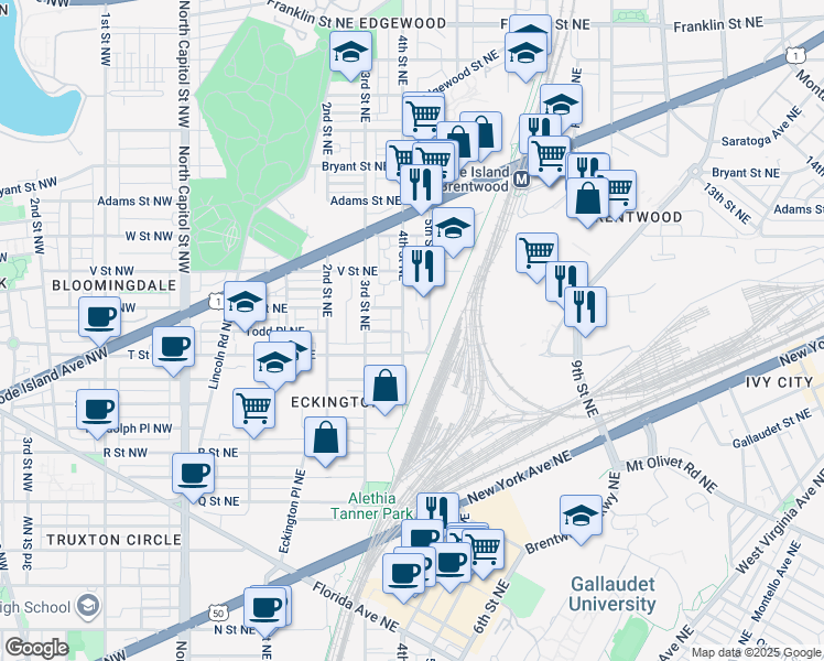 map of restaurants, bars, coffee shops, grocery stores, and more near 101 Independence Avenue Southeast in Washington