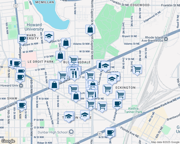map of restaurants, bars, coffee shops, grocery stores, and more near 101 Independence Avenue Southeast in Washington