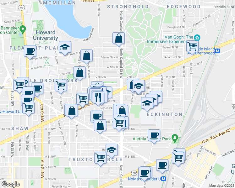 map of restaurants, bars, coffee shops, grocery stores, and more near 101 Independence Avenue Southeast in Washington