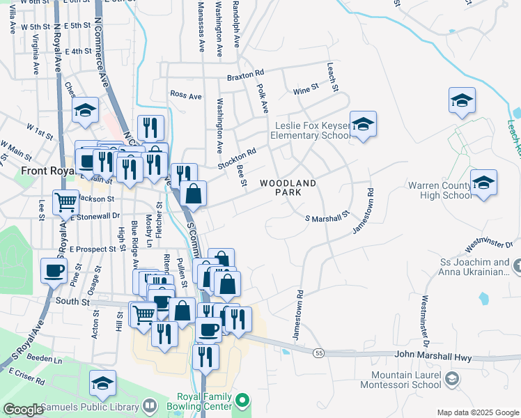 map of restaurants, bars, coffee shops, grocery stores, and more near 737 Bass Avenue in Front Royal