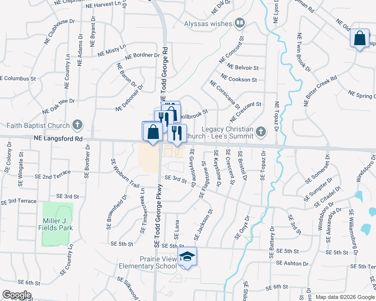 map of restaurants, bars, coffee shops, grocery stores, and more near 110 Southeast Greystone Drive in Lee's Summit