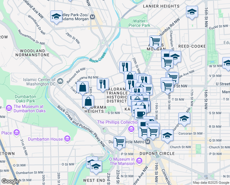 map of restaurants, bars, coffee shops, grocery stores, and more near 2205 California Street Northwest in Washington