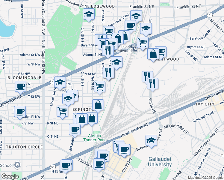 map of restaurants, bars, coffee shops, grocery stores, and more near 1915 5th Street Northeast in Washington