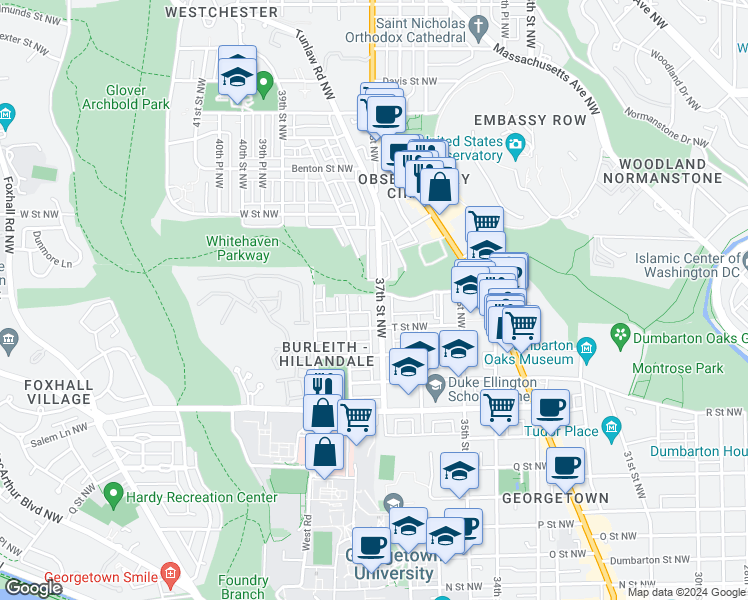 map of restaurants, bars, coffee shops, grocery stores, and more near 1930 37th Street Northwest in Washington
