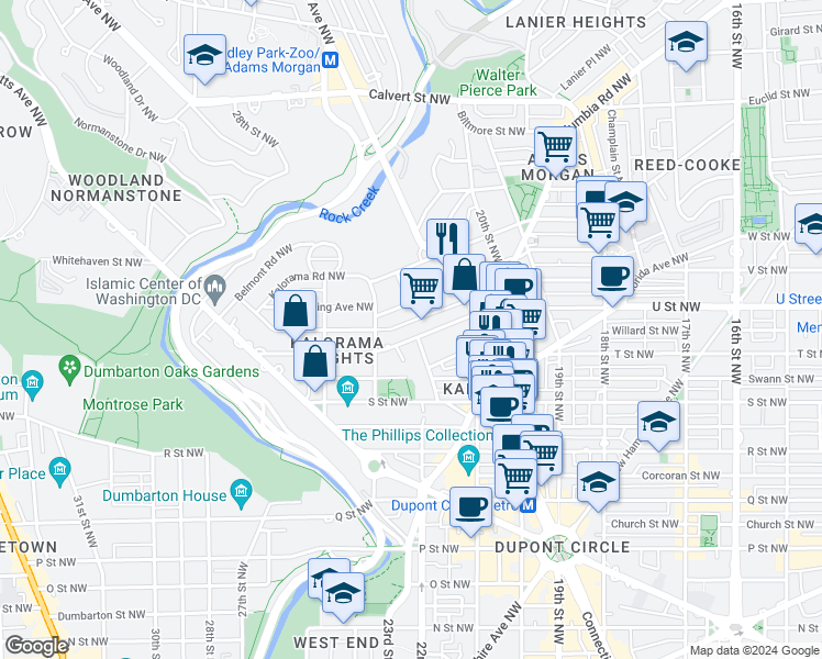 map of restaurants, bars, coffee shops, grocery stores, and more near 2205 California Street Northwest in Washington