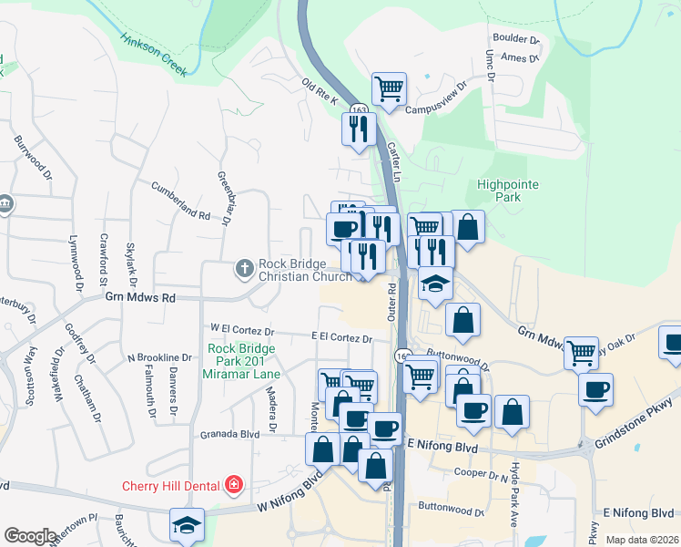 map of restaurants, bars, coffee shops, grocery stores, and more near 212 West Green Meadows Road in Columbia