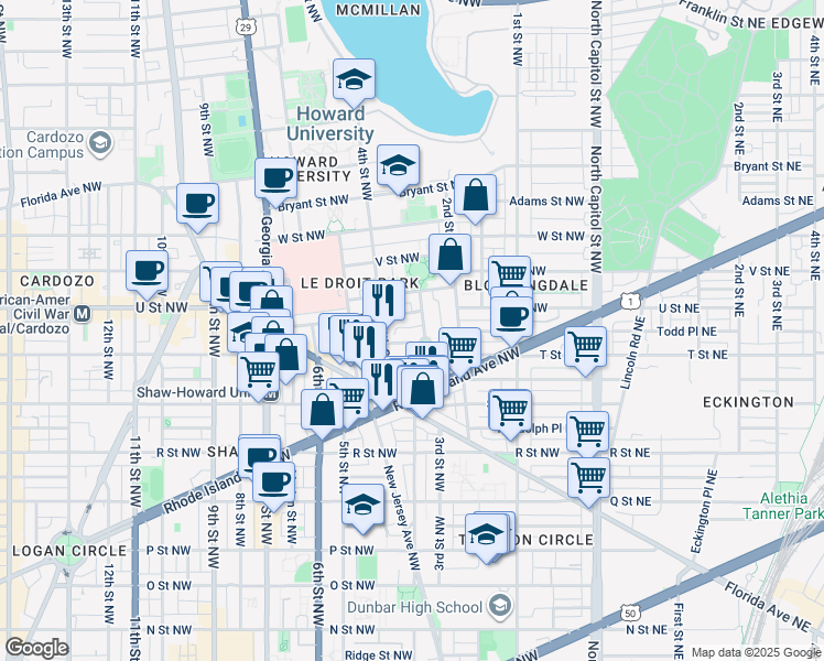 map of restaurants, bars, coffee shops, grocery stores, and more near 101 Independence Avenue Southeast in Washington