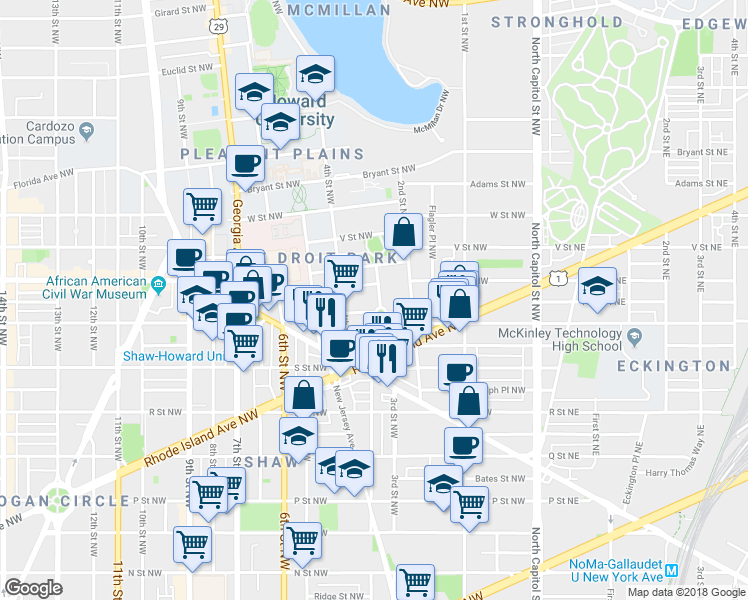 map of restaurants, bars, coffee shops, grocery stores, and more near 1906 3rd Street Northwest in Washington