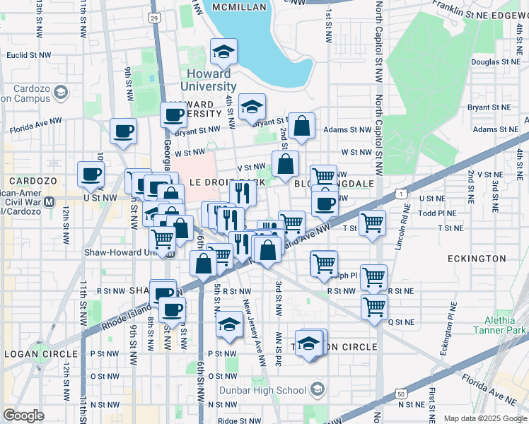 map of restaurants, bars, coffee shops, grocery stores, and more near 1906 3rd Street Northwest in Washington