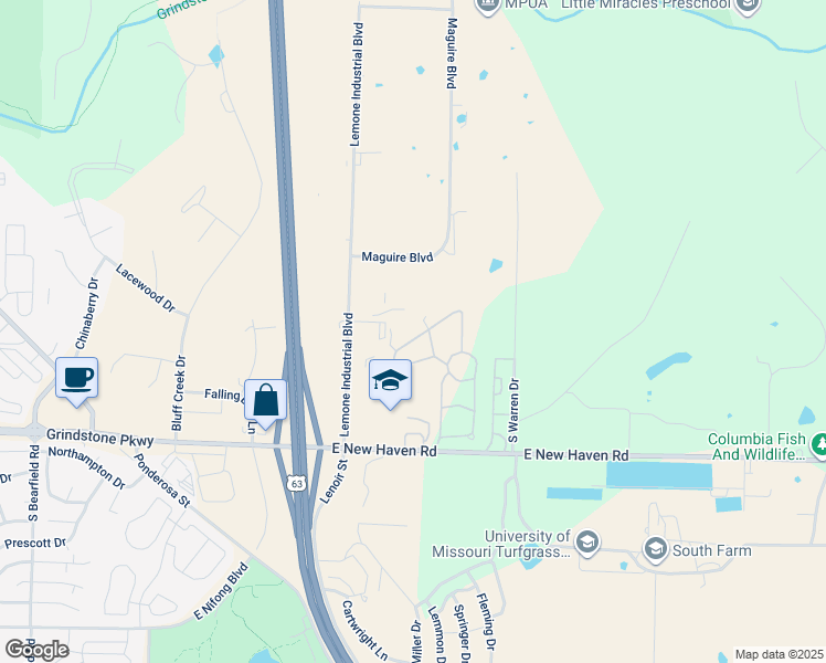 map of restaurants, bars, coffee shops, grocery stores, and more near 3501 East New Haven Road in Columbia