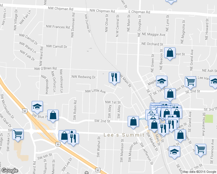 map of restaurants, bars, coffee shops, grocery stores, and more near 313 Northwest Gibson Road in Lee's Summit