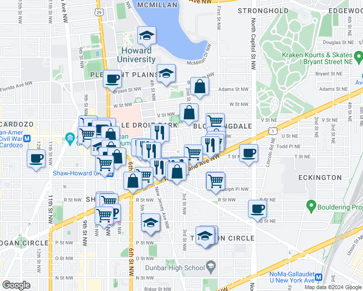 map of restaurants, bars, coffee shops, grocery stores, and more near 101 Independence Avenue Southeast in Washington