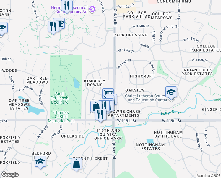 map of restaurants, bars, coffee shops, grocery stores, and more near 11635 Earnshaw Street in Overland Park