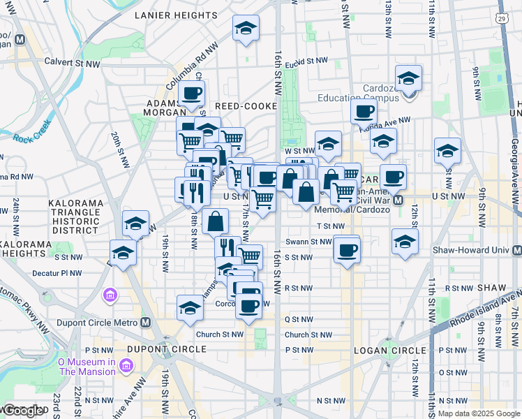 map of restaurants, bars, coffee shops, grocery stores, and more near 1930 New Hampshire Avenue Northwest in Washington