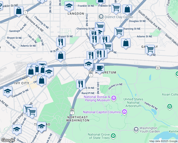 map of restaurants, bars, coffee shops, grocery stores, and more near 101 Independence Avenue Southeast in Washington