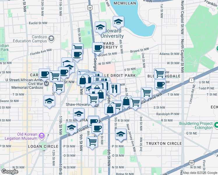 map of restaurants, bars, coffee shops, grocery stores, and more near 101 Independence Avenue Southeast in Washington