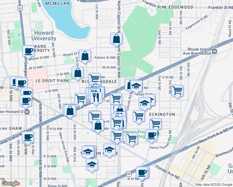 map of restaurants, bars, coffee shops, grocery stores, and more near 101 Independence Avenue Southeast in Washington
