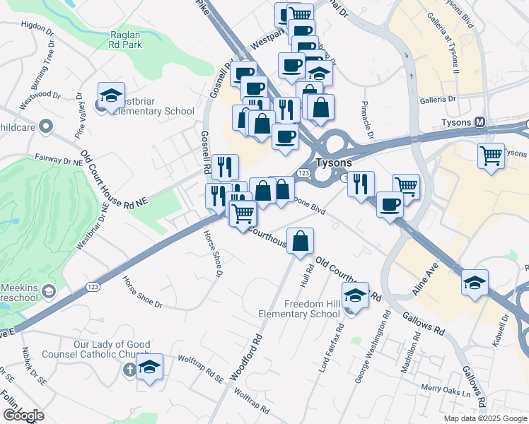 map of restaurants, bars, coffee shops, grocery stores, and more near 2059 Chain Bridge Road in Vienna