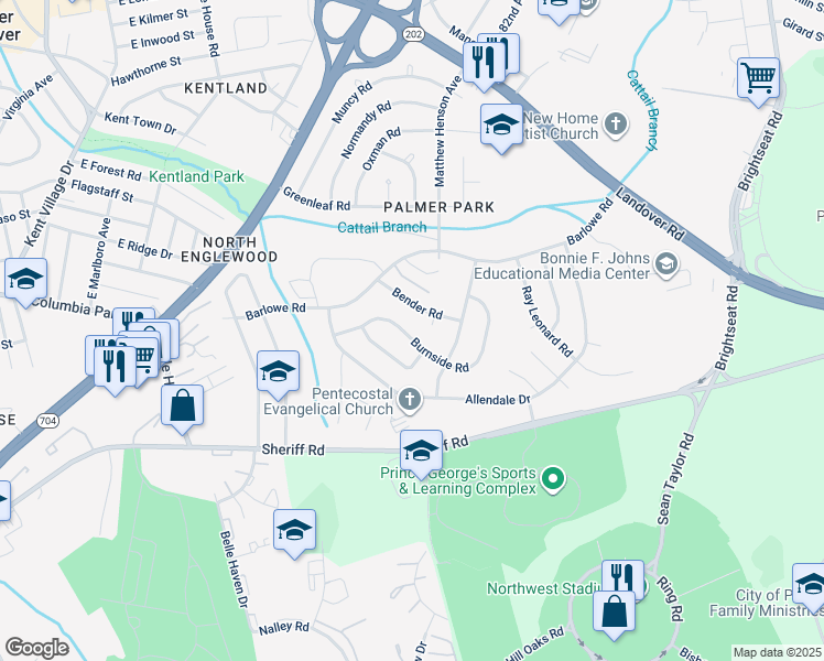 map of restaurants, bars, coffee shops, grocery stores, and more near 7744 Burnside Road in Hyattsville