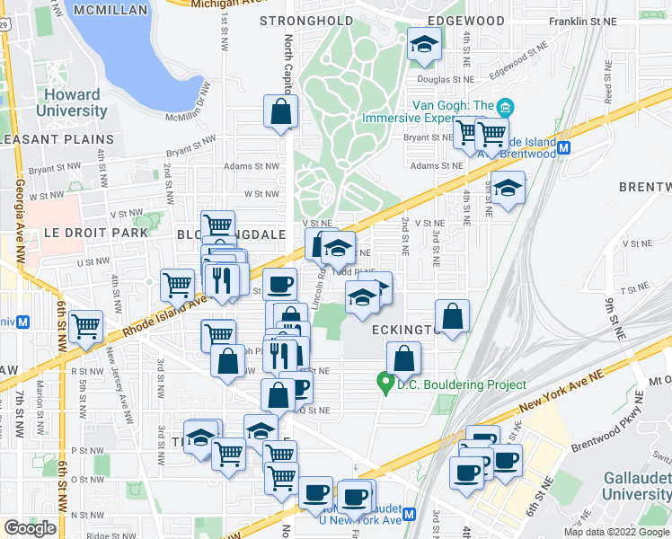map of restaurants, bars, coffee shops, grocery stores, and more near 1920 1st Street Northeast in Washington