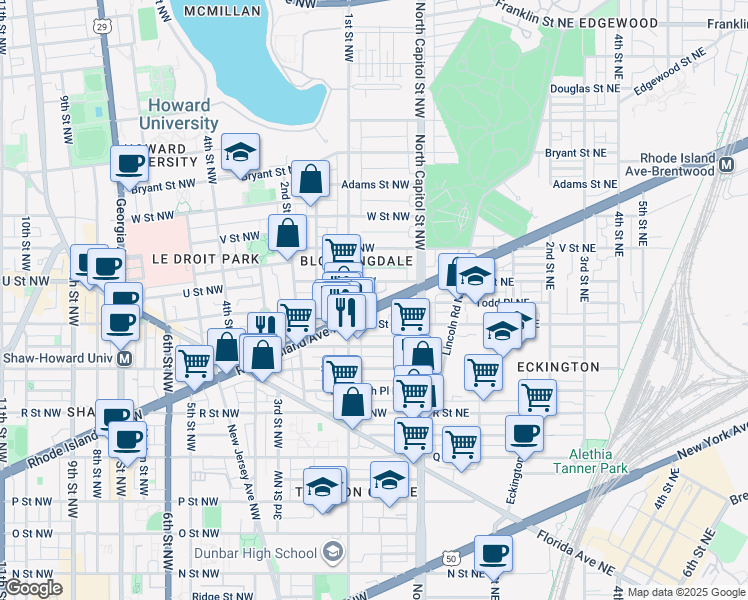 map of restaurants, bars, coffee shops, grocery stores, and more near 55 Rhode Island Avenue Northwest in Washington