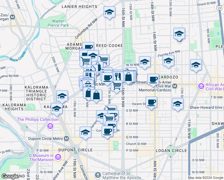 map of restaurants, bars, coffee shops, grocery stores, and more near 1927 17th Street Northwest in Washington