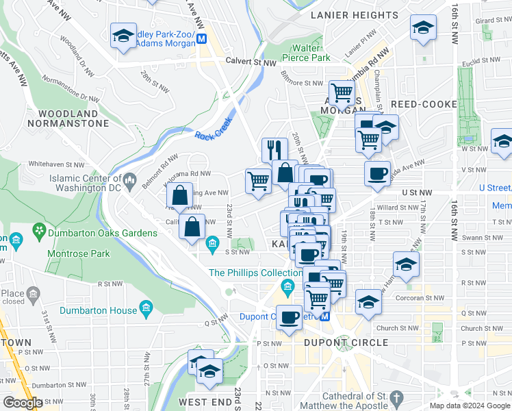 map of restaurants, bars, coffee shops, grocery stores, and more near 2153 California Street Northwest in Washington